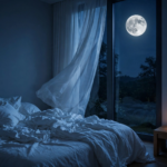 Habitación en calma bañada por la luz azul de la luna llena, lista para el ritual de sueño de 5 pasos