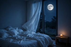 Habitación en calma bañada por la luz azul de la luna llena, lista para el ritual de sueño de 5 pasos
