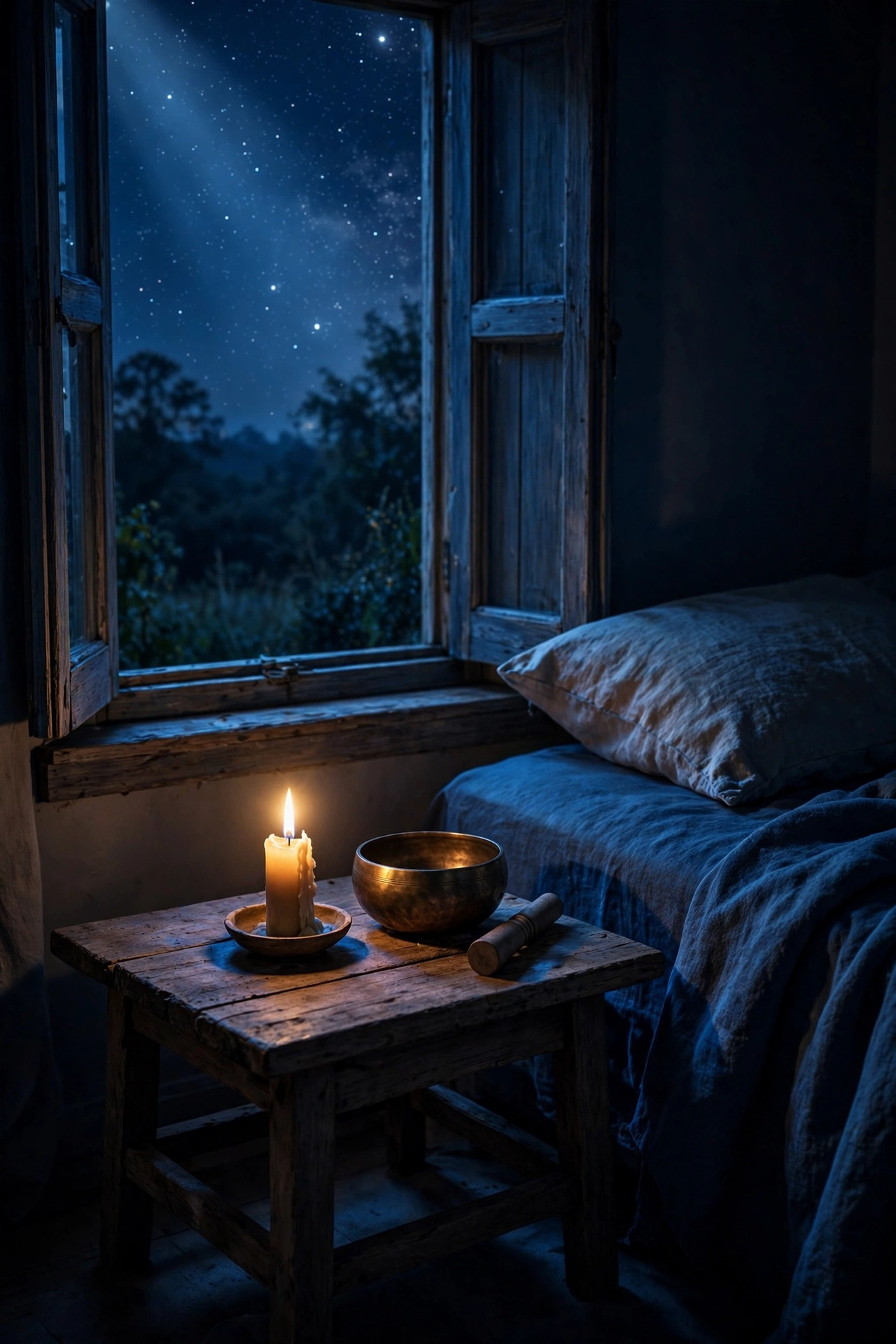 Vela encendida y cuenco tibetano junto a la cama bajo un cielo estrellado, ritual nocturno para dormir