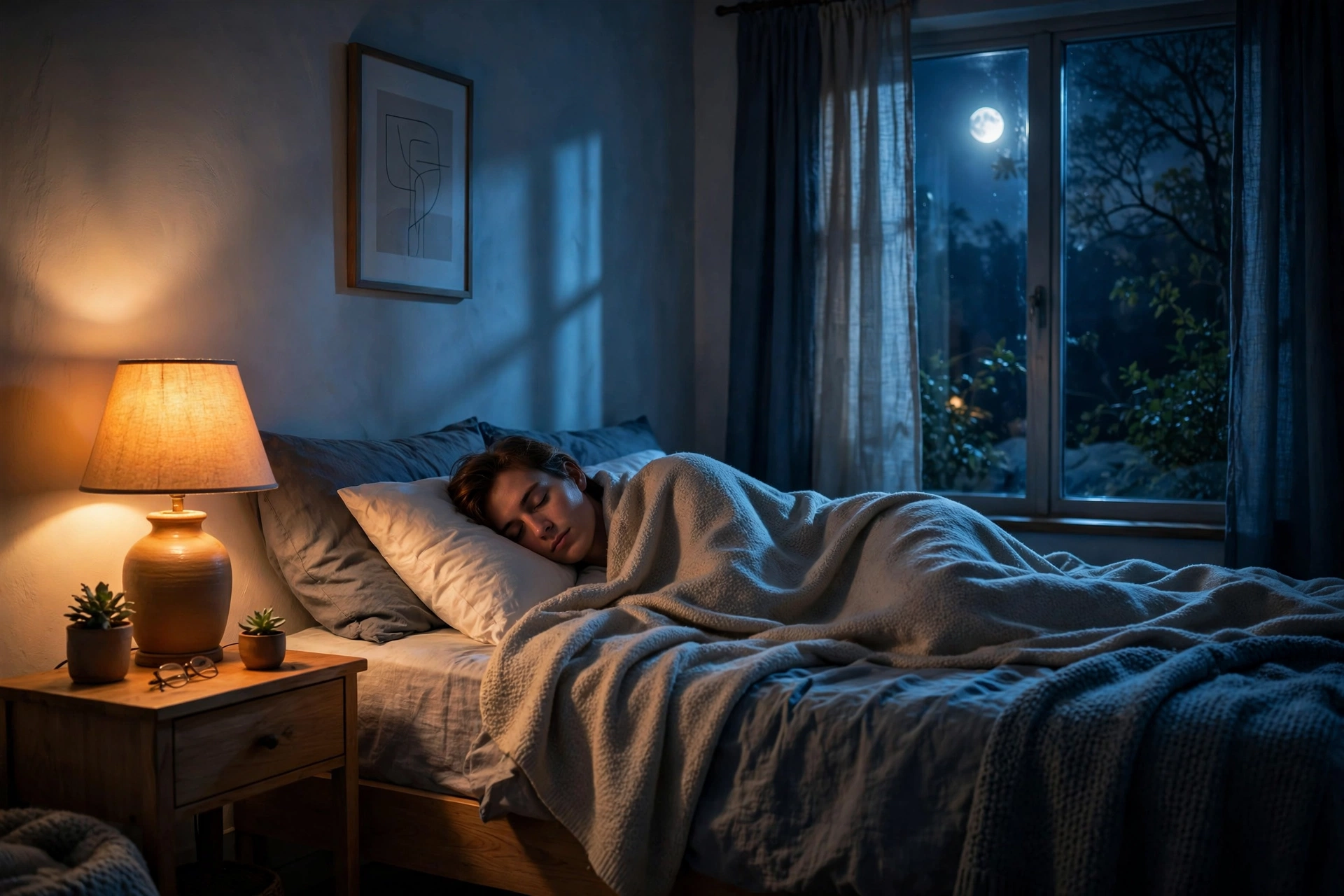 Persona durmiendo en una habitación serena de noche, ritual de sueño con frecuencia 111Hz