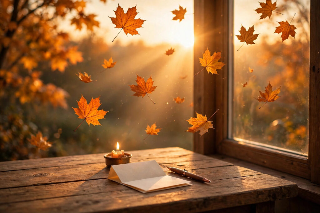 Ritual del equinoccio de otoño: ventana con hojas, vela, papel y lápiz