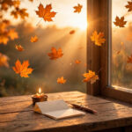 Ritual del equinoccio de otoño: ventana con hojas, vela, papel y lápiz