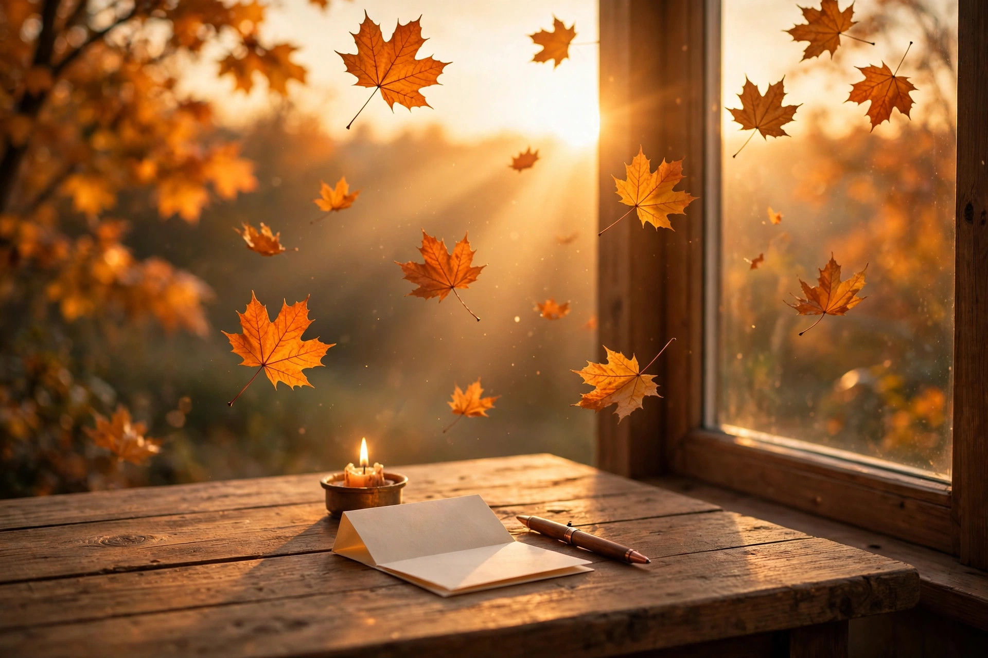 Ritual del equinoccio de otoño: ventana con hojas, vela, papel y lápiz