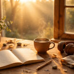 Escritorio con cuaderno, café y auriculares junto a una ventana con luz de amanecer