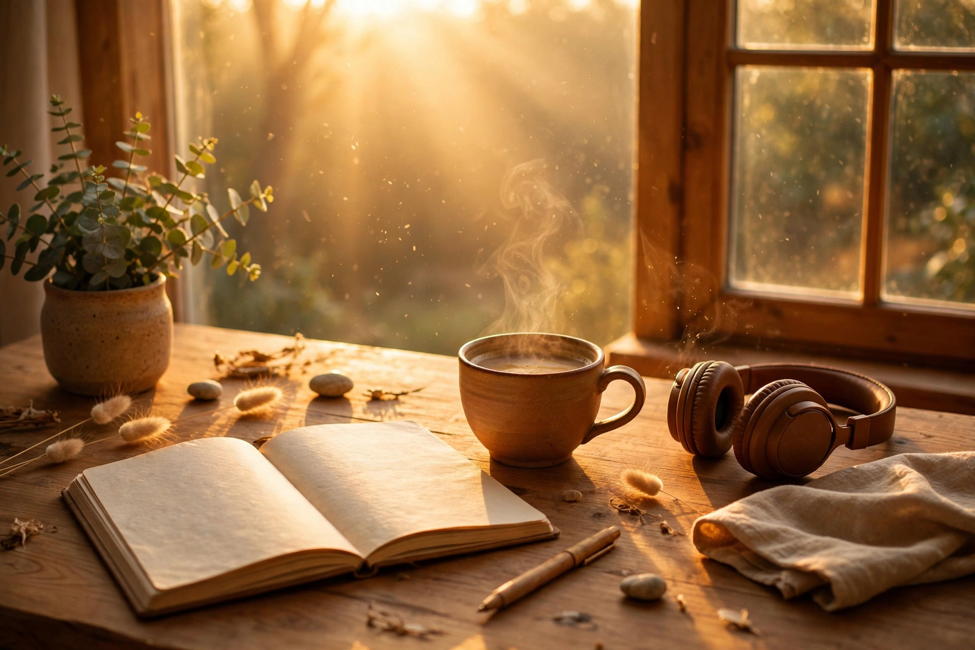 Escritorio con cuaderno, café y auriculares junto a una ventana con luz de amanecer