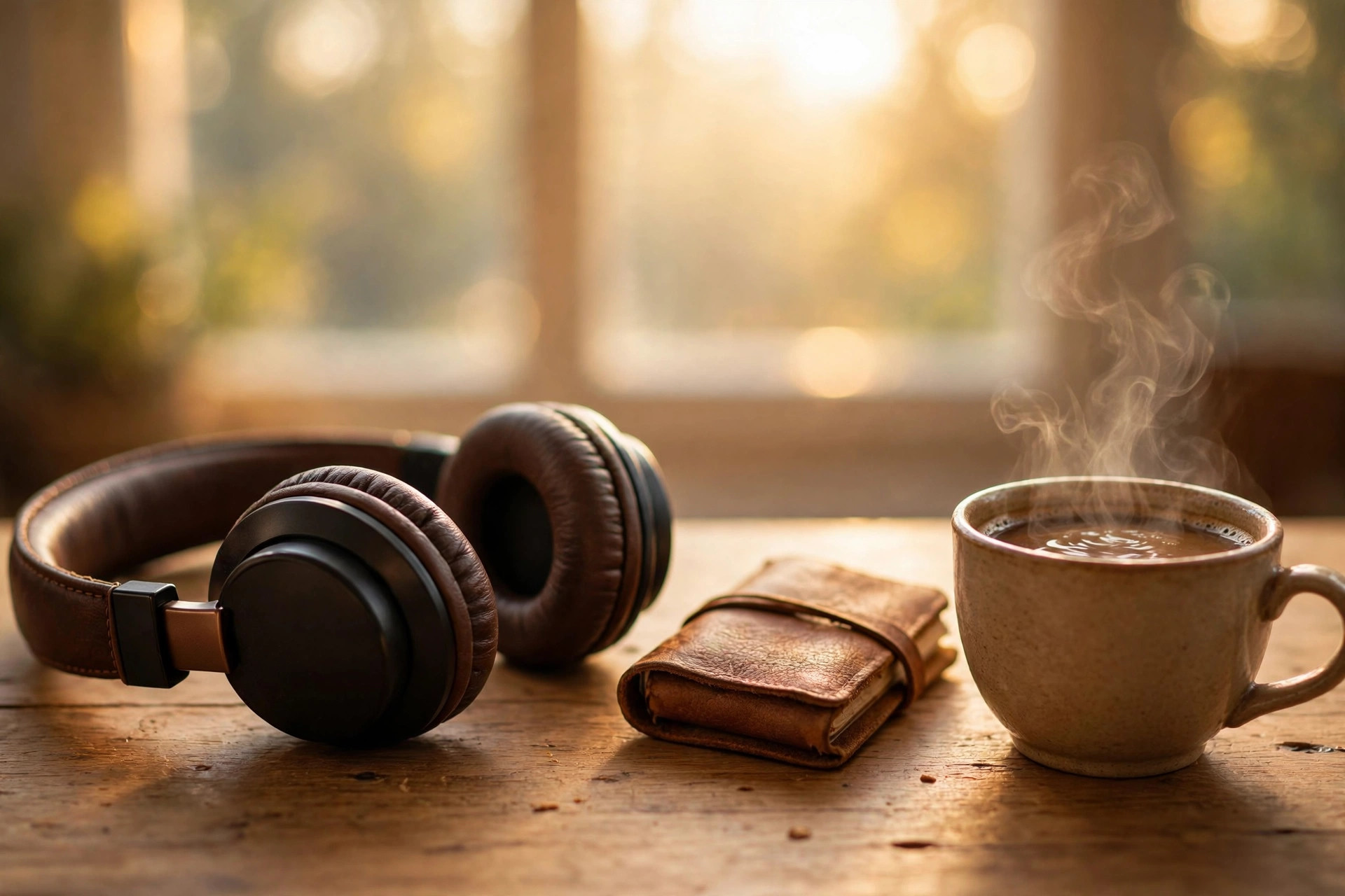 Auriculares y diario sobre un escritorio con luz cálida de la mañana