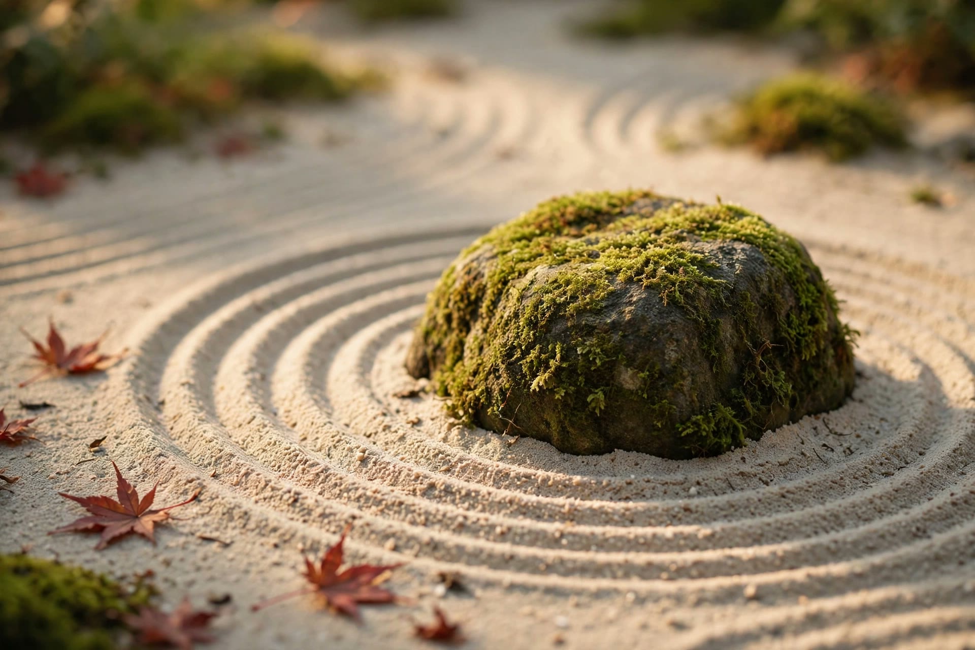 Detalle de un jardín zen japonés: piedra cubierta de musgo rodeada de círculos de arena rastrillada con hojas rojas de arce
