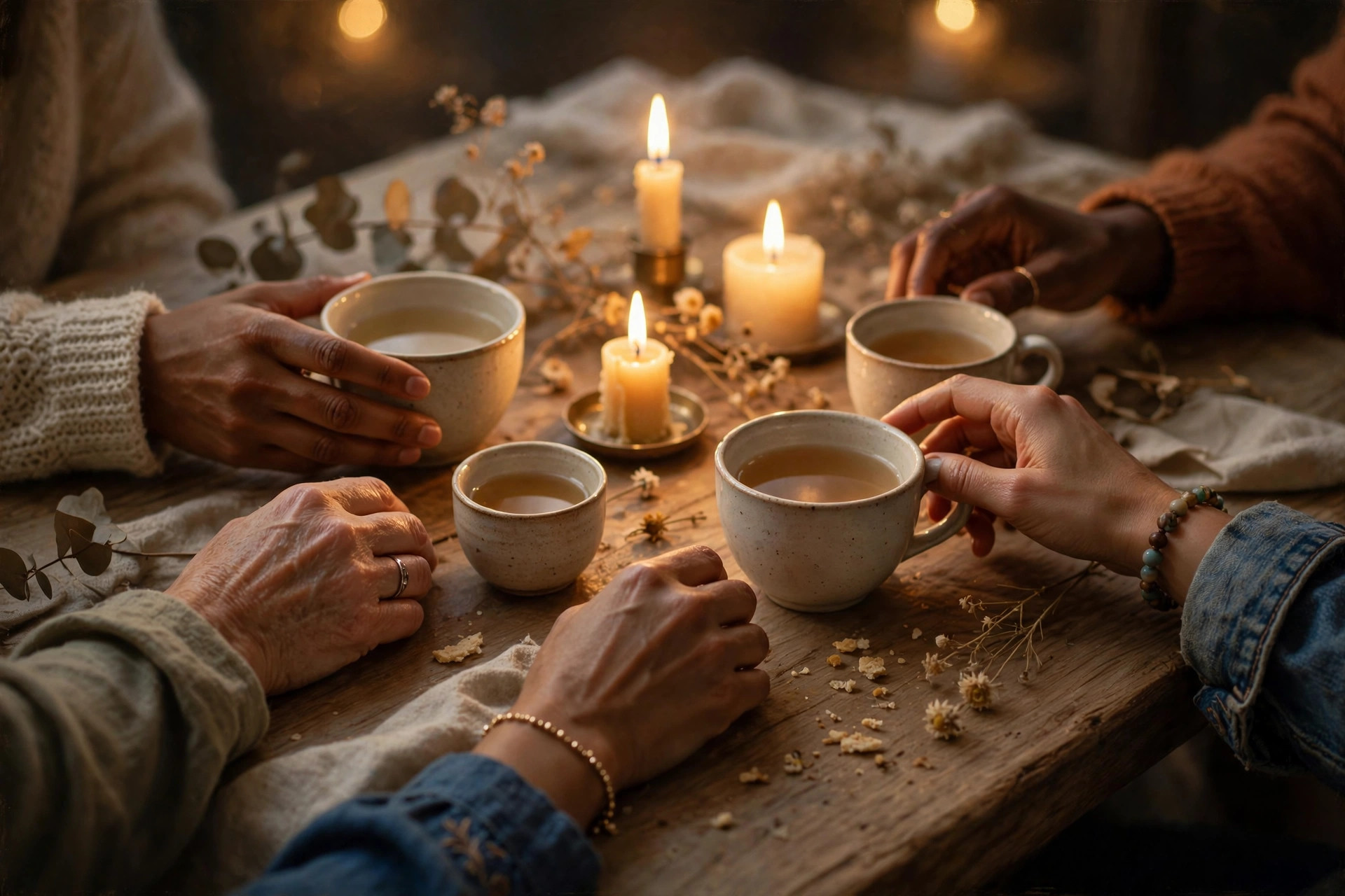 Manos con tazas de té y velas sobre una mesa de madera