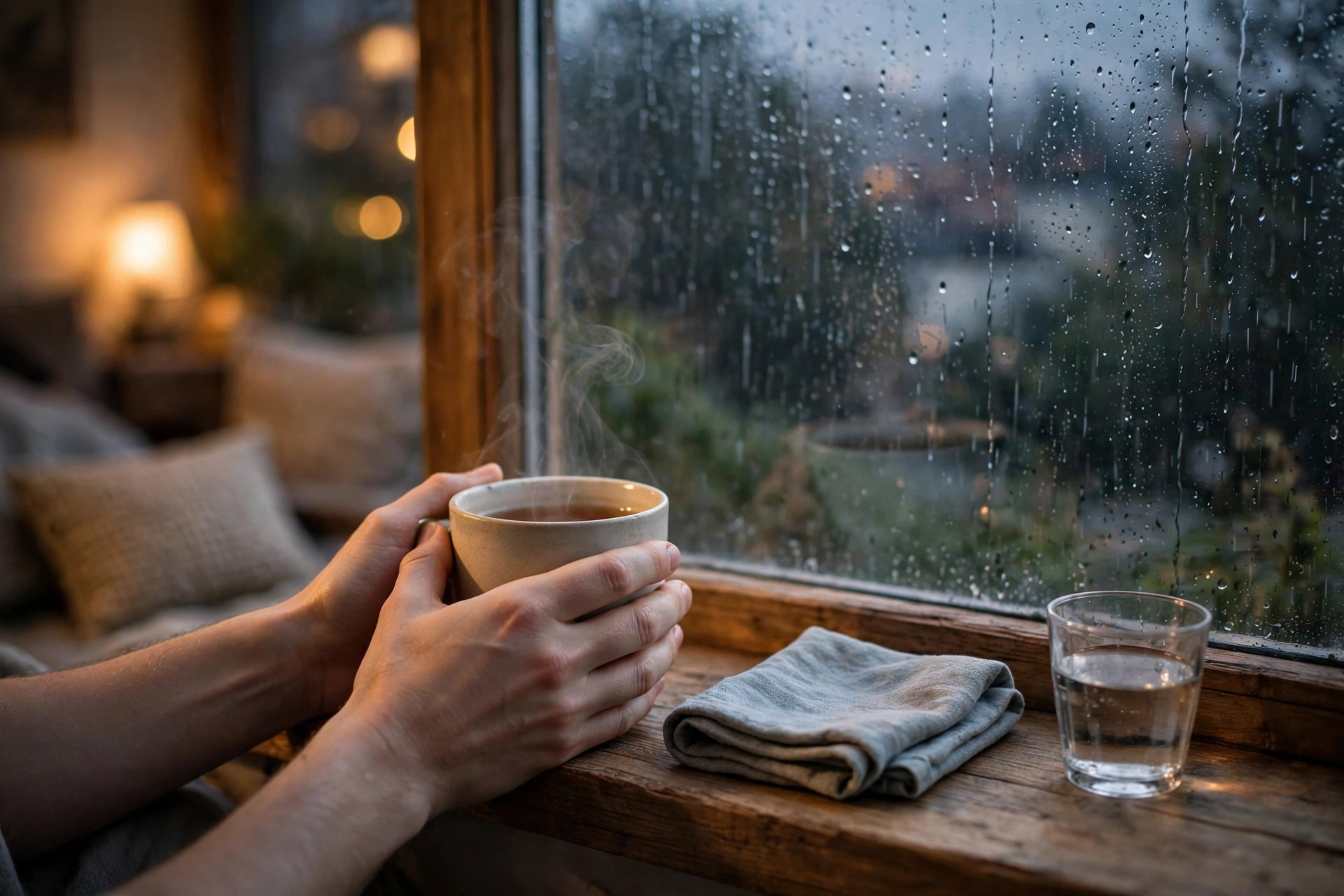 Manos sosteniendo una taza humeante junto a una ventana con lluvia