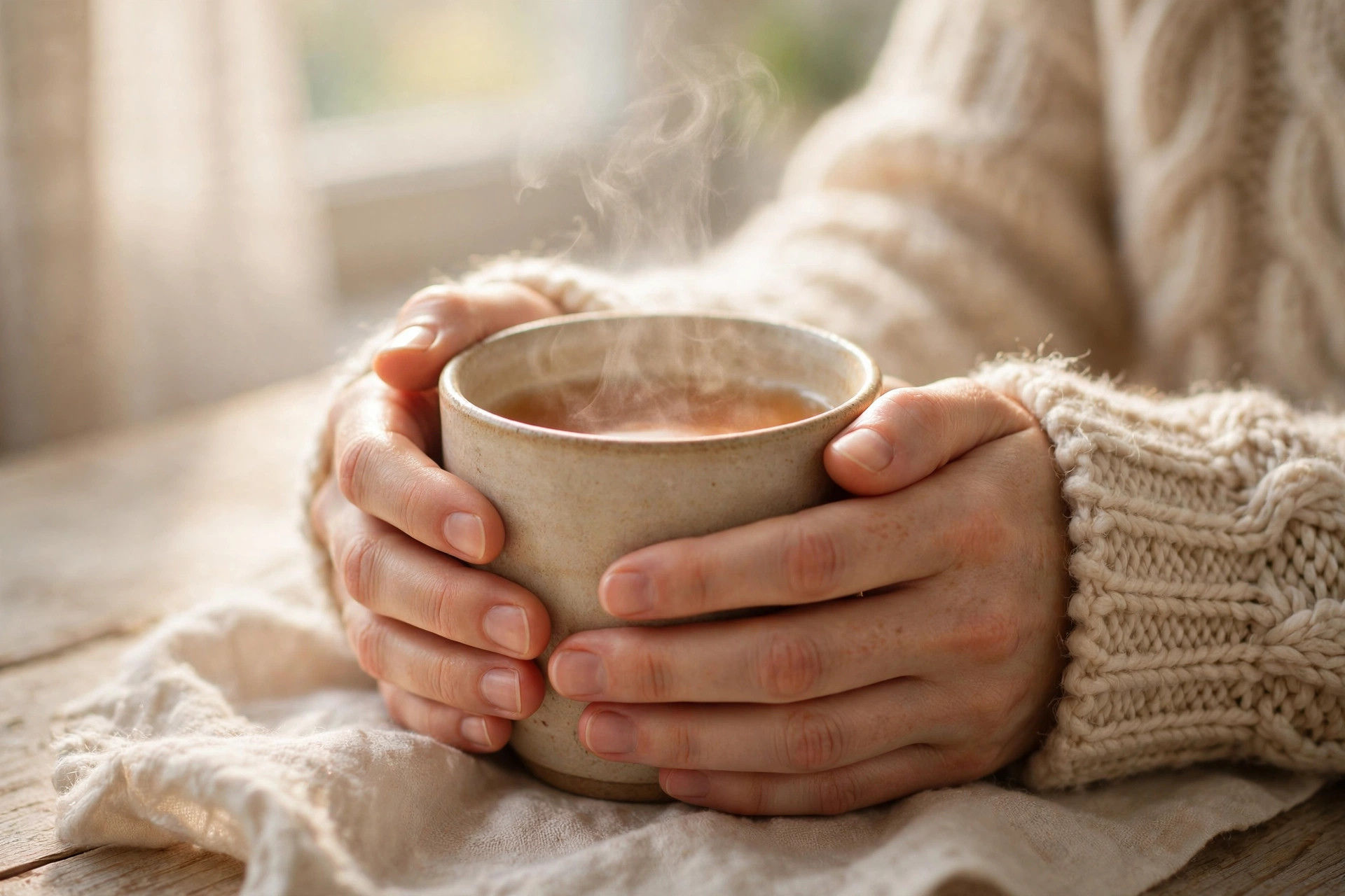 Manos sosteniendo una taza humeante