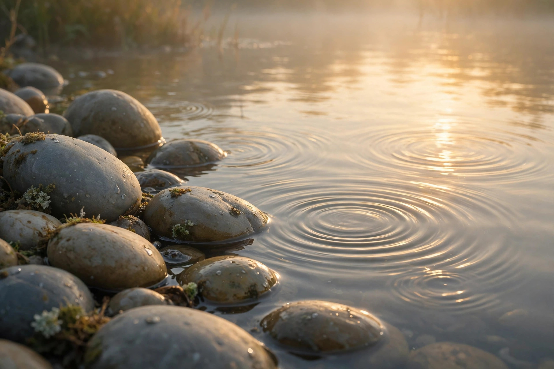 Piedras en un río en calma con ondas
