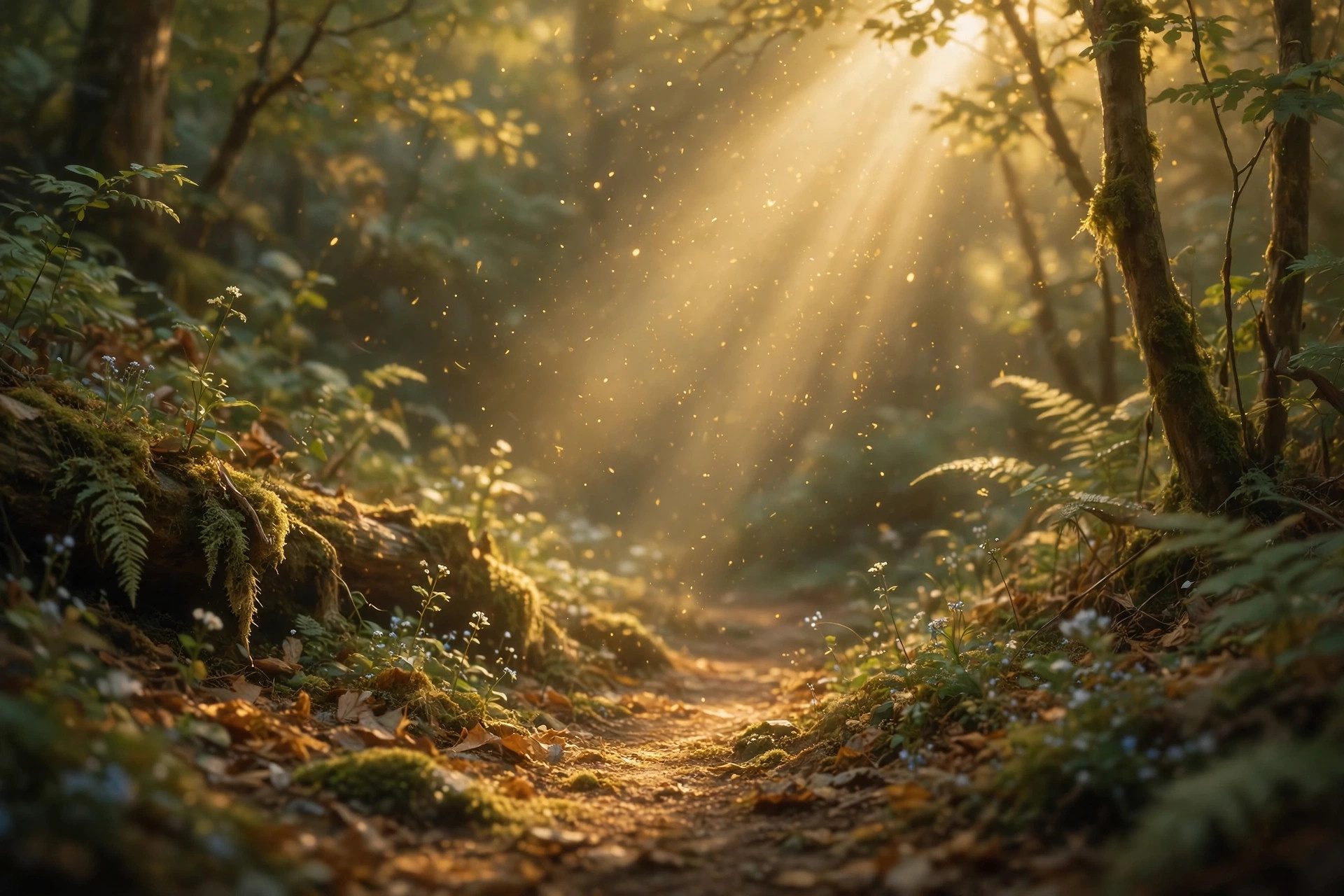 Sendero en el bosque con luz dorada entre los árboles