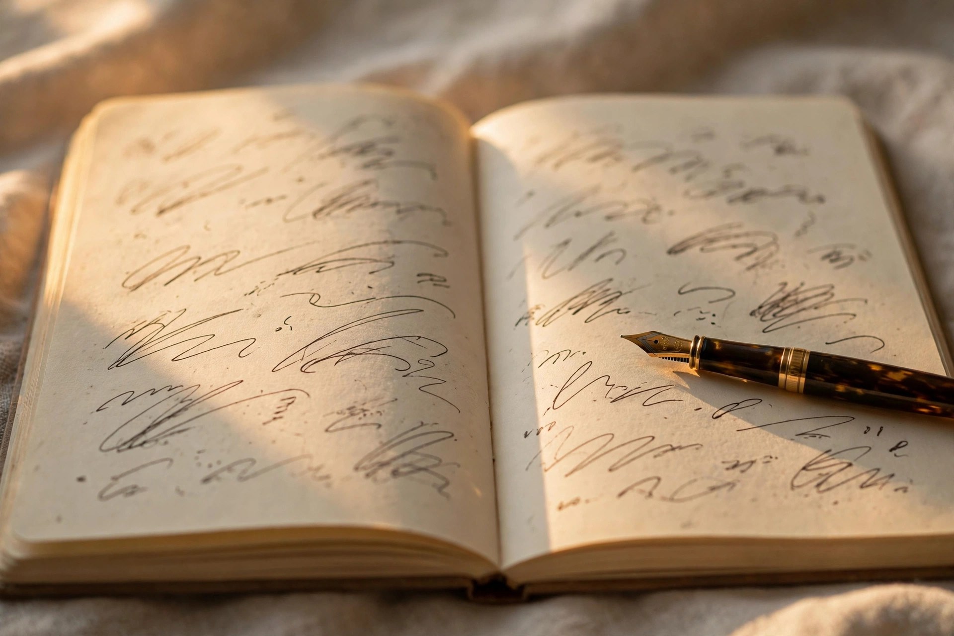 Diario abierto con trazo manuscrito y pluma fuente