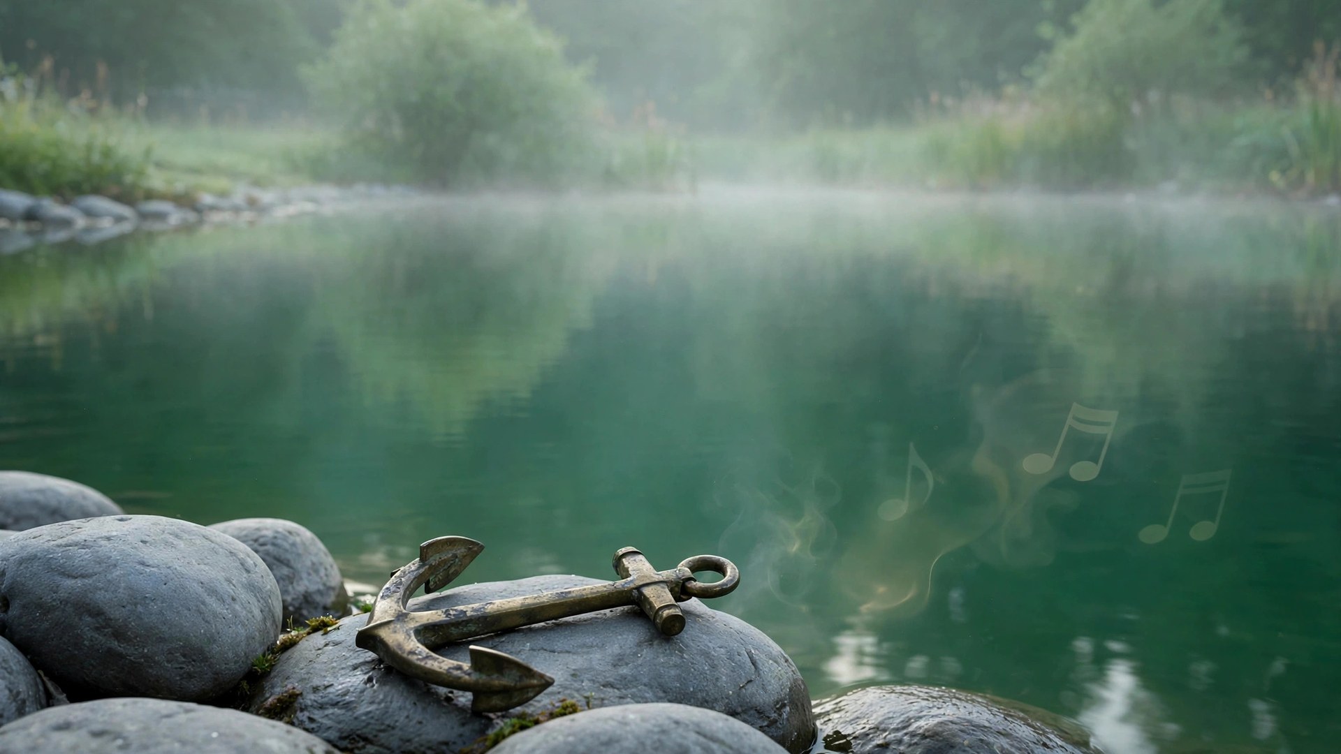 Ancla de bronce sobre piedras junto a un lago en calma con notas musicales — la música como ancla frente a la ansiedad