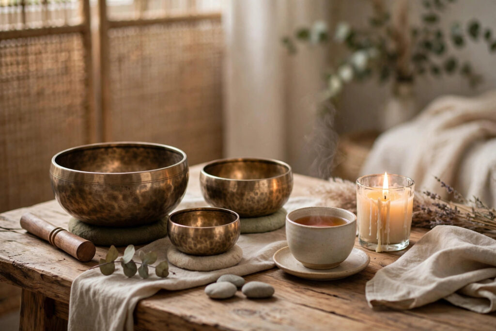 Cuencos cantores de bronce, vela encendida y taza de té sobre mesa de madera