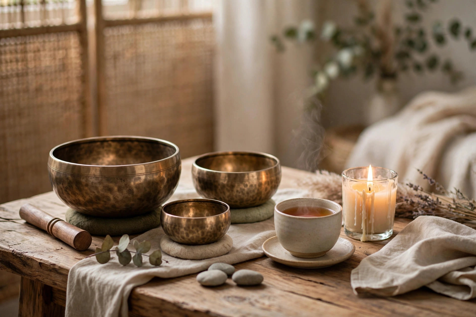 Cuencos cantores de bronce, vela encendida y taza de té sobre mesa de madera