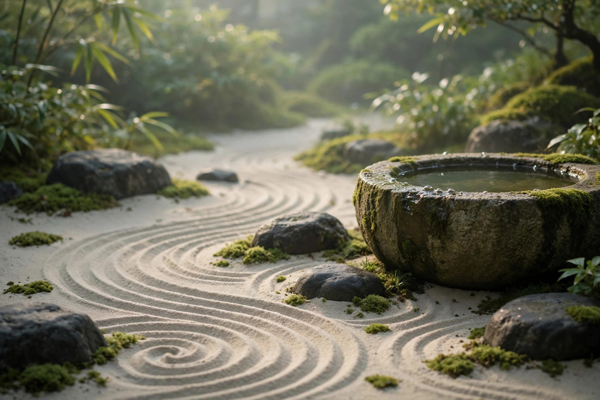 Jardín zen con arena rastrillada en círculos, piedras cubiertas de musgo y una pila de piedra con agua