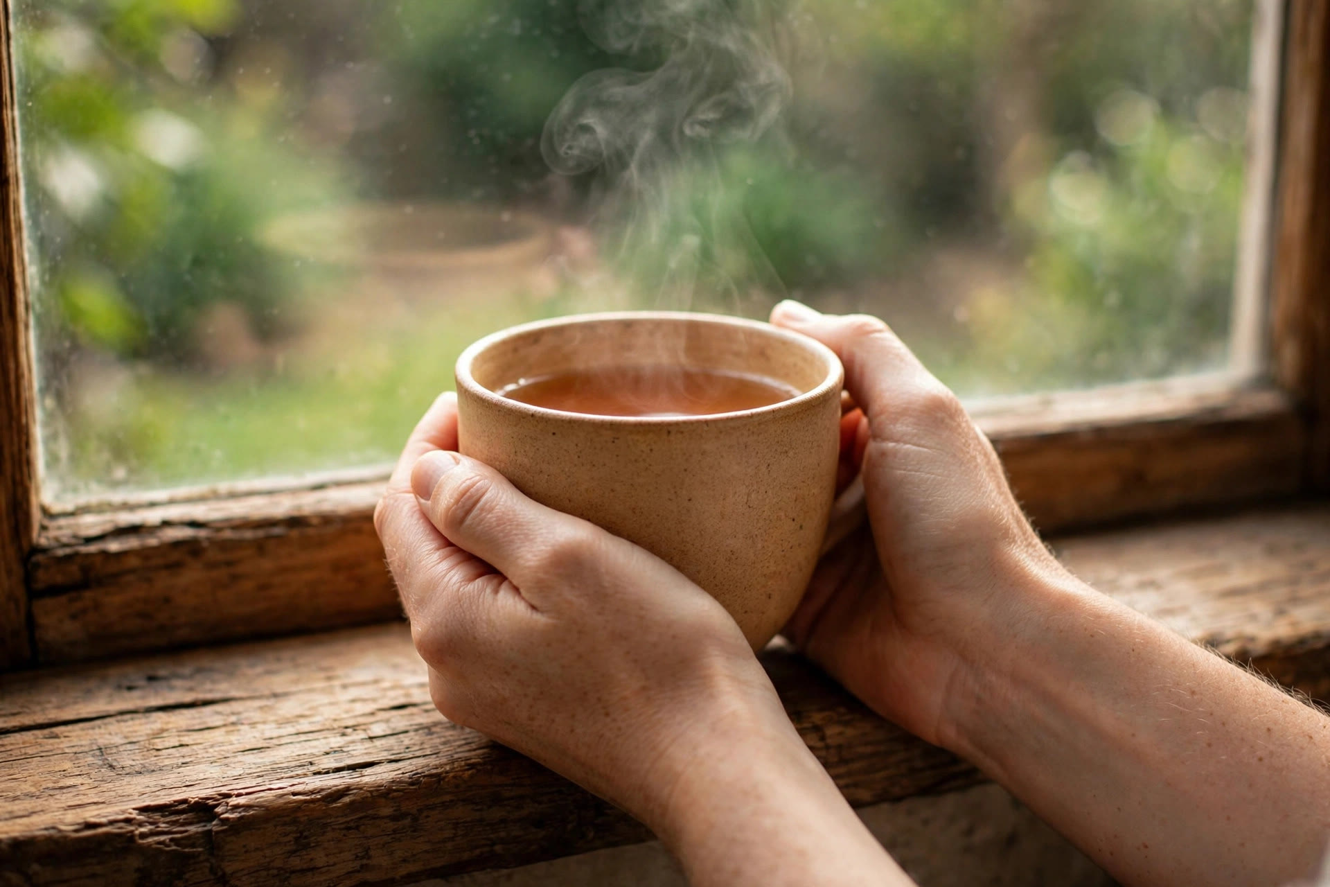 Manos sosteniendo una taza humeante de té junto a una ventana de madera con vista al jardín