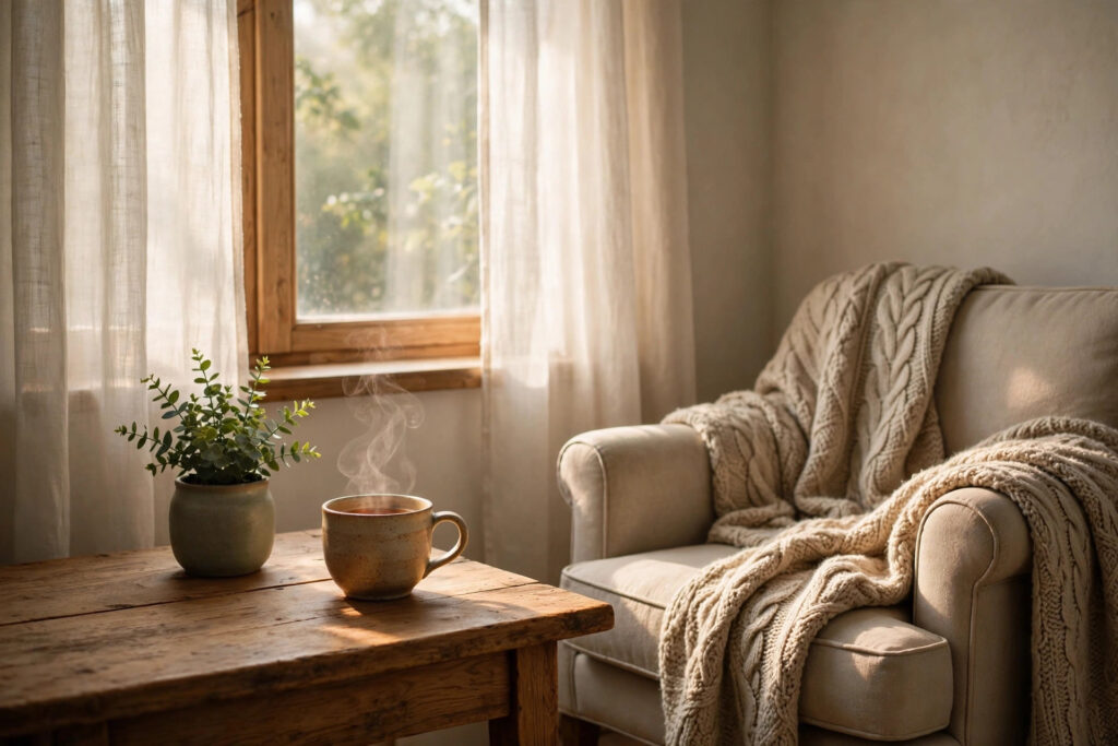 Taza de café humeante sobre una mesa de madera junto a una ventana con cortinas blancas y un sillón con manta de punto